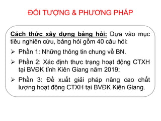 Cách thức xây dựng bảng hỏi: Dựa vào mục
tiêu nghiên cứu, bảng hỏi gồm 40 câu hỏi:
 Phần 1: Những thông tin chung về BN.
 Phần 2: Xác định thực trạng hoạt động CTXH
tại BVĐK tỉnh Kiên Giang năm 2019;
 Phần 3: Đề xuất giải pháp nâng cao chất
lượng hoạt động CTXH tại BVĐK Kiên Giang.
ĐỐI TƯỢNG & PHƯƠNG PHÁP
 