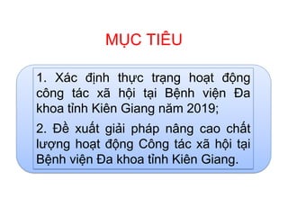 1. Xác định thực trạng hoạt động
công tác xã hội tại Bệnh viện Đa
khoa tỉnh Kiên Giang năm 2019;
2. Đề xuất giải pháp nâng cao chất
lượng hoạt động Công tác xã hội tại
Bệnh viện Đa khoa tỉnh Kiên Giang.
MỤC TIÊU
 