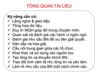 TỔNG QUAN TÀI LIỆU
Kỹ năng cần có:
 Lắng nghe & giao tiếp.
 Tổng hợp dữ liệu.
 Duy trì MQH giúp đỡ trong chuyên môn.
 Quan sát và đánh giá các hành vi ngôn ngữ.
 Đánh giá nhu cầu BN để ưu tiên giải quyết.
 Dàn xếp và hòa giải.
 Cầu nối trung gian giữa các tổ chức.
 Khai thác và sử dụng các nguồn lực.
 Tạo lòng tin và khuyến khích BN.
 Trao đổi tình cảm tế nhị, lòng tin và yên tâm.
 Làm rõ nhu cầu của BN một cách chính xác.
 