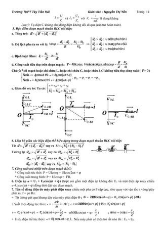 Trường THPT Tây Tiền Hải Giáo viên : Nguyễn Thị Yến Trang 14 
I U 
I U 
= và 0 
C 
Z 
0 
= với 
C 
Z 
1 
C Z 
= là dung kháng 
wC 
Lưu ý: Tụ điện C không cho dòng điện không đổi đi qua (cản trở hoàn toàn). 
5. Đặc điểm đoạn mạch thuần RLC nối tiếp: 
a. Tổng trở: 2 ( )2 L C Z= R + Z -Z 
b. Độ lệch pha (u so với i): 
: u sôùm pha hôn i 
Z Z 
tan : u cuøng pha vôùi i 
: u treã pha hôn i 
L C 
L C L C 
L C 
R 
L C 
Z Z U U 
Z Z 
R U 
Z Z 
j 
ì > 
= - = - Þï = íï 
î < 
0 U ; U 
c. Định luật Ohm: = 0 = 
I I 
Z Z 
d. Công suất tiêu thụ trên đoạn mạch: = cos j ; Heä soá coâng suaát:cos j = R = 
U 
R P UI 
Z U 
Chú ý: Với mạch hoặc chỉ chứa L, hoặc chỉ chứa C, hoặc chứa LC không tiêu thụ công suất ( P= 0) 
Neáu cos t thì cos( t+ ) 
ì = w = 
w j 
í = - = - î = = 
j j j j 
i I u U 
u U i I 
0 0 
w w j 
u i 
0 0 
; 
Neáu cos t thì cos( t- ) i u i u 
e. Giản đồ véc tơ: Ta có: 
= + + ìïí 
îï = + + 
u u u u 
R L C 
U U U U 
uur uuur uuur uuur 
uuur 
0 0 0 0 
R L C 
uuuur 
U0AB 
uuur 
O uur U0R 
i 
uuur 
U0L 
uuuur 
U0LC 
0 I 
uuur 
U0C 
uuur 
O U0R 
i 
U0L 
uuuur 
U0LC 
uur 
0 I 
uuur 
U0C 
uuuur 
U0AB 
uuur 
U0L 
O uur uuuur 
i 
0 I 
uuur 0 U AB 
U0C 
6. Liên hệ giữa các hiệu điện thế hiệu dụng trong đoạn mạch thuần RLC nối tiếp: 
Từ 2 ( )2 L C Z= R + Z -Z suy ra 2 ( )2 R L C U= U + U -U 
Tương tự 2 2 
RL L Z = R + Z suy ra 2 2 
RL R L U = U +U 
Tương tự 2 2 
RC C Z = R + Z suy ra 2 2 
RC R C U = U +U 
LC L C Z = Z -Z suy ra LC L C U = U -U 
uuur 
U0R 
R L C • • 
7. Công suất toả nhiệt trên đoạn mạch RLC: 
* Công suất tức thời: P = UIcosj + UIcos(2wt + j 
* Công suất trung bình: P = UIcosj = I2R. 
6. Điện áp u = U1 + U0cos(wt + j) được coi gồm một điện áp không đổi U1 và một điện áp xoay chiều 
u=U0cos(wt + j) đồng thời đặt vào đoạn mạch. 
7. Tần số dòng điện do máy phát điện xoay chiều một pha có P cặp cực, rôto quay với vận tốc n vòng/giây 
phát ra: f = pn Hz. 
+ Từ thông gửi qua khung dây của máy phát điện F : 0 F = NBScos(wt +j ) = F cos(wt+j ) (Wb) 
+ Suất điện động tức thời: d ' 
e 
= - F = -F ; 0 e =wNBSsin(wt +j ) (V) = E sin(wt +j ) 
dt 
= w +j = w +j -p = wNSBcos(wt + j - 
0 0 sin( ) cos( ) 
2 e E t E t 
p 
) ; sin cos( ) 
2 
a = a -p 
2 
+ Hiệu điện thế tức thời: 0 cos( ) u u =U wt +j . Nếu máy phát có điện trở rất nhỏ thì : U0 = E0. 
 