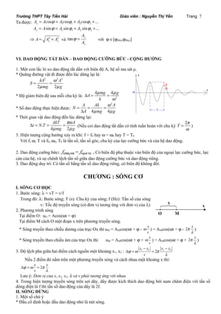 Trường THPT Tây Tiền Hải Giáo viên : Nguyễn Thị Yến Trang 7 
Ta được: Ax = Acosj = A1cosj1 + A2cosj2 +... 
1 1 2 2 sin sin sin ... y A = A j = A j + A j + 
A 
A 
2 2 
x y Þ A = A + A và tan y 
j = với j Î[jMin;jMax] 
x 
VI. DAO ĐỘNG TẮT DẦN – DAO ĐỘNG CƯỠNG BỨC - CỘNG HƯỞNG 
1. Một con lắc lò xo dao động tắt dần với biên độ A, hệ số ma sát μ. 
* Quãng đường vật đi được đến lúc dừng lại là: 
S kA A 
2 2 2 
w 
= = 
mg g 
m m 
2 2 
A 4 m mg 4 m 
g 
* Độ giảm biên độ sau mỗi chu kỳ là: 2 
k 
w 
D = = 
* Số dao động thực hiện được: 
N A Ak w 
2 
A 
= = = 
D 
A 4 m mg 4 
m 
g 
* Thời gian vật dao động đến lúc dừng lại: 
t N T AkT A 
D = . 
= = (Nếu coi dao động tắt dần có tính tuần hoàn với chu kỳ 
pw 
mg g 
m m 
4 2 
T 2p 
= ) 
w 
3. Hiện tượng cộng hưởng xảy ra khi: f = f0 hay w = w0 hay T = T0 
Với f, w, T và f0, w0, T0 là tần số, tần số góc, chu kỳ của lực cưỡng bức và của hệ dao động. 
2. Dao động cưỡng bức: fcöôõng böùc = fngoaïi löïc . Có biên độ phụ thuộc vào biên độ của ngoại lực cưỡng bức, lực 
cản của hệ, và sự chênh lệch tần số giữa dao động cưỡng bức và dao động riêng. 
3. Dao động duy trì: Có tần số bằng tần số dao động riêng, có biên độ không đổi. 
CHƯƠNG : SÓNG CƠ 
I. SÓNG CƠ HỌC 
1. Bước sóng: l = vT = v/f 
Trong đó: l: Bước sóng; T (s): Chu kỳ của sóng; f (Hz): Tần số của sóng 
v: Tốc độ truyền sóng (có đơn vị tương ứng với đơn vị của l) 
2. Phương trình sóng 
Tại điểm O: uO = Acos(wt + j) 
Tại điểm M cách O một đoạn x trên phương truyền sóng. 
* Sóng truyền theo chiều dương của trục Ox thì uM = AMcos(wt + j - x 
w ) = AMcos(wt + j - 2p x 
v 
l 
) 
* Sóng truyền theo chiều âm của trục Ox thì uM = AMcos(wt + j + x 
w ) = AMcos(wt + j + 2p x 
v 
l 
) 
x - x x - 
x 
v 
3. Độ lệch pha giữa hai điểm cách nguồn một khoảng x1, x2 : j w 1 2 2 p 
1 2 
l 
D = = 
Nếu 2 điểm đó nằm trên một phương truyền sóng và cách nhau một khoảng x thì: 
x 2 x 
v 
D j = w = 
p 
l 
Lưu ý: Đơn vị của x, x1, x2, l và v phải tương ứng với nhau 
4. Trong hiện tượng truyền sóng trên sợi dây, dây được kích thích dao động bởi nam châm điện với tần số 
dòng điện là f thì tần số dao động của dây là 2f. 
II. SÓNG DỪNG 
1. Một số chú ý 
* Đầu cố định hoặc đầu dao động nhỏ là nút sóng. 
T 
D 
A 
x 
t 
O 
O 
x 
M 
x 
 