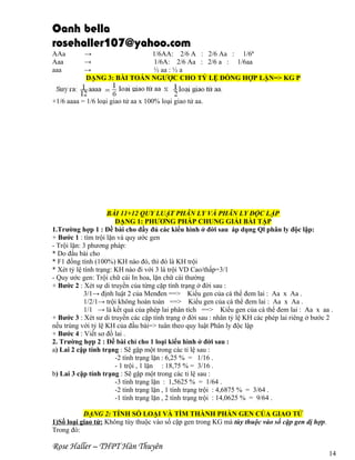 Oanh bella
rosehaller107@yahoo.com
AAa
Aaa
aaa

→
1/6AA: 2/6 A : 2/6 Aa : 1/6ª
→
1/6A: 2/6 Aa : 2/6 a : 1/6aa
→
½ aa : ½ a
DẠNG 3: BÀI TOÁN NGƯỢC CHO TỶ LỆ ĐỒNG HỢP LẶN=> KG P

+1/6 aaaa = 1/6 loại giao tử aa x 100% loại giao tử aa.

BÀI 11+12 QUY LUẬT PHÂN LY VÀ PHÂN LY ĐỘC LẬP
DẠNG 1: PHƯƠNG PHÁP CHUNG GIẢI BÀI TẬP
1.Trường hợp 1 : Đề bài cho đầy đủ các kiểu hình ở đời sau áp dụng Ql phân ly độc lập:
+ Bước 1 : tìm trội lặn và quy ước gen
- Trội lặn: 3 phương pháp:
* Do đầu bài cho
* F1 đồng tính (100%) KH nào đó, thì đó là KH trội
* Xét tỷ lệ tính trạng: KH nào đi với 3 là trội VD Cao/thấp=3/1
- Quy ước gen: Trội chữ cái In hoa, lặn chữ cái thường
+ Bước 2 : Xét sự di truyền của từng cặp tính trạng ở đời sau :
3/1→ định luật 2 của Menđen ==> Kiểu gen của cá thể đem lai : Aa x Aa .
1/2/1→ trội không hoàn toàn ==> Kiểu gen của cá thể đem lai : Aa x Aa .
1/1 → là kết quả của phép lai phân tích ==> Kiểu gen của cá thể đem lai : Aa x aa .
+ Bước 3 : Xét sư di truyền các cặp tính trạng ở đời sau : nhân tỷ lệ KH các phép lai riêng ở bước 2
nếu trùng với tỷ lệ KH của đầu bài=> tuân theo quy luật Phân ly độc lập
+ Bước 4 : Viết sơ đồ lai .
2. Trường hợp 2 : Đề bài chỉ cho 1 loại kiểu hình ở đời sau :
a) Lai 2 cặp tính trạng : Sẽ gặp một trong các tỉ lệ sau :
-2 tính trạng lặn : 6,25 % = 1/16 .
- 1 trội , 1 lặn : 18,75 % = 3/16 .
b) Lai 3 cặp tính trạng : Sẽ gặp một trong các tỉ lệ sau :
-3 tính trạng lặn : 1,5625 % = 1/64 .
-2 tính trạng lặn , 1 tính trạng trội : 4,6875 % = 3/64 .
-1 tính trạng lặn , 2 tính trạng trội : 14,0625 % = 9/64 .
DẠNG 2: TÍNH SỐ LOẠI VÀ TÌM THÀNH PHẦN GEN CỦA GIAO TỬ
1)Số loại giao tử: Không tùy thuộc vào số cặp gen trong KG mà tùy thuộc vào số cặp gen dị hợp.
Trong đó:

Rose Haller – THPT Hàn Thuyên

14

 