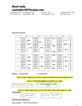 Oanh bella
rosehaller107@yahoo.com
13) Glutamin :Gln 14) Arginin : Arg
17) Tirozin: Tyr
18) Histidin : His

15) Lizin : Lys
19) Triptofan : Trp

16) Phenilalanin :Phe
20) Prôlin : pro

Bảng bộ ba mật mã
U
U

X

A

G

UUU
UUX
UUA
UUG
XUU
XUX
XUA
XUG

X
UXU
phe
UXX
U X A Ser
Leu
UXG
XXU
Leu X X X
Pro
XXA
XXG

AUA
AUX
He
AUA
A U G * Met
GUU
GUX
Val
GUA
G U G * Val

Kí hiệu : * mã mở đầu

AXU
AXX
AXA
AXG
GXU
GXX
GXA
GXG

Thr

Ala

A
UAU
Tyr
UAX
U A A **
U A G **
XAU
His
XAX
XAA
XAG
Gln

G
UGU
UGX
Cys
U G A **
U G G Trp
XGU
XGX
XGA
Arg
XGG

AAU
AAX
AAA
AAG
GAU
GAX
GAA
GAG

AGU
AGX
AGA
AGG
GGU
GGX
GGA
GGG

Asn
Lys
Asp
Glu

Ser
Arg
Gli

U
X
A
G
U
X
A
G
U
X
A
G
U
X
A
G

; ** mã kết thúc

BÀI 2+3: QUÁ TRÌNH SAO MÃ VÀ DỊCH MÃ-ĐIỀU HOÀ HOẠT ĐỘNG GEN
DẠNG 1: TÍNH SỐ RIBONUCLEOTIT CỦA ARN
rN = rA + rU + rG + rX = N/2

rN = khối lượng phân tử ARN
300

DẠNG 2: TÍNH CHIỀU DÀI VÀ SỐ LIÊN KẾT CỘNG HÓA TRỊ CỦA ARN
1)Chiều dài:
LARN = rN x 3,4 A0

LARN = LADN = N x 3,4 A0
2

2)Số liên kết cộng hóa trị:

Rose Haller – THPT Hàn Thuyên

3

 