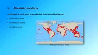 2. Atividade piscatória 
As principais áreas de pesca procuradas pela frota nacional localizam-se: 
• No Atlântico Norte 
• No Atlântico Central 
• No Atlântico Sul. 
Principais áreas de pesca 
 