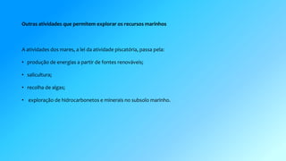 Outras atividades que permitem explorar os recursos marinhos 
A atividades dos mares, a lei da atividade piscatória, passa pela: 
• produção de energias a partir de fontes renováveis; 
• salicultura; 
• recolha de algas; 
• exploração de hidrocarbonetos e minerais no subsolo marinho. 
 