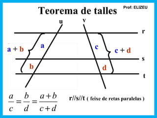 Teorema de talles
                                                    Prof: ELIZEU


                       u         v
                                                             r

                   a                   c
Rectangle 25




a+b                                             c+d
                                                             s
               b                           d
                                                              t

   a b a+b                 r//s//t ( feixe de retas paralelas )
    = =
   c d c+d
 