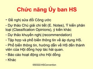 Chức năng Ủy ban HS
- Đề nghị sửa đổi Công ước
- Dự thảo Chú giải chi tiết (E. Notes), Ý kiến phân
loại (Classification Opinions), ý kiến khác
- Dự thảo khuyến nghị (recommendation)
- Tập hợp và phổ biến thông tin về áp dụng HS.
- Phổ biến thông tin, hướng dẫn về HS đến thành
viên của Hội đồng hợp tác hải quan.
- Báo cáo hoạt động cho Hội đồng
- Khác
                 050322-HSConvention
 