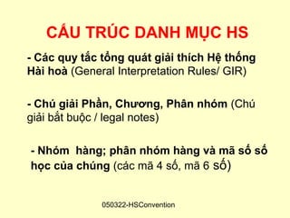CẤU TRÚC DANH MỤC HS
- Các quy tắc tổng quát giải thích Hệ thống
Hài hoà (General Interpretation Rules/ GIR)

- Chú giải Phần, Chương, Phân nhóm (Chú
giải bắt buộc / legal notes)

- Nhóm hàng; phân nhóm hàng và mã số số
học của chúng (các mã 4 số, mã 6 số)


              050322-HSConvention
 