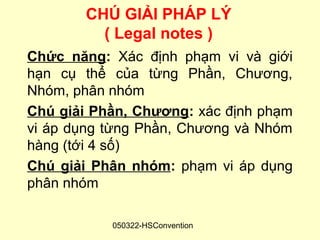 CHÚ GIẢI PHÁP LÝ
         ( Legal notes )
Chức năng: Xác định phạm vi và giới
hạn cụ thể của từng Phần, Chương,
Nhóm, phân nhóm
Chú giải Phần, Chương: xác định phạm
vi áp dụng từng Phần, Chương và Nhóm
hàng (tới 4 số)
Chú giải Phân nhóm: phạm vi áp dụng
phân nhóm

           050322-HSConvention
 