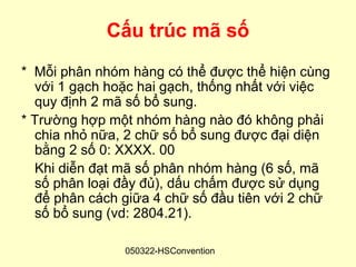 Cấu trúc mã số
* Mỗi phân nhóm hàng có thể được thể hiện cùng
  với 1 gạch hoặc hai gạch, thống nhất với việc
  quy định 2 mã số bổ sung.
* Trường hợp một nhóm hàng nào đó không phải
  chia nhỏ nữa, 2 chữ số bổ sung được đại diện
  bằng 2 số 0: XXXX. 00
  Khi diễn đạt mã số phân nhóm hàng (6 số, mã
  số phân loại đầy đủ), dấu chấm được sử dụng
  để phân cách giữa 4 chữ số đầu tiên với 2 chữ
  số bổ sung (vd: 2804.21).

               050322-HSConvention
 