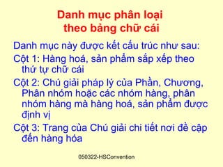 Danh mục phân loại
           theo bảng chữ cái
Danh mục này được kết cấu trúc như sau:
Cột 1: Hàng hoá, sản phẩm sắp xếp theo
 thứ tự chữ cái
Cột 2: Chú giải pháp lý của Phần, Chương,
 Phân nhóm hoặc các nhóm hàng, phân
 nhóm hàng mà hàng hoá, sản phẩm được
 định vị
Cột 3: Trang của Chú giải chi tiết nơi đề cập
 đến hàng hóa
               050322-HSConvention
 