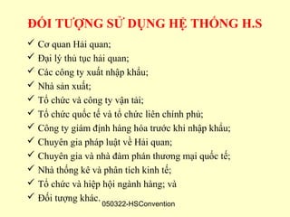 ĐỐI TƯỢNG SỬ DỤNG HỆ THỐNG H.S
 Cơ quan Hải quan;
 Đại lý thủ tục hải quan;
 Các công ty xuất nhập khẩu;
 Nhà sản xuất;
 Tổ chức và công ty vận tải;
 Tổ chức quốc tế và tổ chức liên chính phủ;
 Công ty giám định hàng hóa trước khi nhập khẩu;
 Chuyên gia pháp luật về Hải quan;
 Chuyên gia và nhà đàm phán thương mại quốc tế;
 Nhà thống kê và phân tích kinh tế;
 Tổ chức và hiệp hội ngành hàng; và
 Đối tượng khác.
                  050322-HSConvention
 