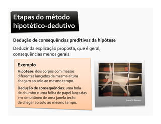 Etapas	
  do	
  método	
  
hipotético-­‐dedutivo	
  
Dedução	
  de	
  consequências	
  preditivas	
  da	
  hipótese	
  
Deduzir	
  da	
  explicação	
  proposta,	
  que	
  é	
  geral,	
  
consequências	
  menos	
  gerais.	
  

   Exemplo	
  
   Hipótese:	
  dois	
  corpos	
  com	
  massas	
  
   diferentes	
  lançados	
  da	
  mesma	
  altura	
  
   chegam	
  ao	
  solo	
  ao	
  mesmo	
  tempo.	
  
   Dedução	
  de	
  consequências:	
  uma	
  bola	
  	
  
   de	
  chumbo	
  e	
  uma	
  folha	
  de	
  papel	
  lançadas	
  
   em	
  simultâneo	
  de	
  uma	
  janela	
  terão	
  	
  
                                                                      Lane	
  S.	
  Rosners	
  
   de	
  chegar	
  ao	
  solo	
  ao	
  mesmo	
  tempo.	
  
 