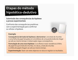 Etapas	
  do	
  método	
  
hipotético-­‐dedutivo	
  
Submissão	
  das	
  consequências	
  da	
  hipótese	
  	
  
a	
  provas	
  experimentais	
  
Confronto	
  das	
  consequências	
  preditivas	
  	
  
com	
  a	
  experimentação	
  para	
  conﬁrmar	
  	
  
ou	
  refutar	
  a	
  hipótese.	
  	
  

   Exemplo	
  
   Consequência	
  derivada	
  da	
  hipótese	
  a	
  demonstrar:	
  uma	
  bola	
  de	
  chumbo	
  	
  
   e	
  uma	
  folha	
  de	
  papel	
  lançadas	
  em	
  simultâneo	
  de	
  uma	
  janela	
  terão	
  de	
  chegar	
  
   ao	
  solo	
  ao	
  mesmo	
  tempo.	
  A	
  observação	
  nega	
  a	
  consequência.	
  
   Formulação	
  de	
  uma	
  nova	
  hipótese:	
  o	
  ar	
  oferece	
  maior	
  resistência	
  à	
  folha	
  
   de	
  papel	
  do	
  que	
  à	
  bola	
  de	
  chumbo;	
  no	
  vácuo,	
  a	
  bola	
  de	
  chumbo	
  	
  
   e	
  a	
  folha	
  de	
  papel	
  chegam	
  ao	
  solo	
  ao	
  mesmo	
  tempo.	
  	
  
   Experimentação:	
  fazer	
  cair	
  estes	
  objectos	
  no	
  vácuo	
  e	
  registar	
  os	
  resultados.	
  
 