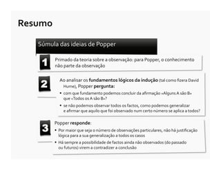 Resumo	
  

     Súmula	
  das	
  ideias	
  de	
  Popper	
  	
  

       1      Primado	
  da	
  teoria	
  sobre	
  a	
  observação:	
  para	
  Popper,	
  o	
  conhecimento	
  
              não	
  parte	
  da	
  observação	
  



      2
                   Ao	
  analisar	
  os	
  fundamentos	
  lógicos	
  da	
  indução	
  (tal	
  como	
  ﬁzera	
  David	
  
                    Hume),	
  Popper	
  pergunta:	
  
                     com	
  que	
  fundamento	
  podemos	
  concluir	
  da	
  aﬁrmação	
  «Alguns	
  A	
  são	
  B»	
  	
  
                     	
  que	
  «Todos	
  os	
  A	
  são	
  B»?	
  
                     se	
  não	
  podemos	
  observar	
  todos	
  os	
  factos,	
  como	
  podemos	
  generalizar	
  	
  
                     	
  e	
  aﬁrmar	
  que	
  aquilo	
  que	
  foi	
  observado	
  num	
  certo	
  número	
  se	
  aplica	
  a	
  todos?	
  

              Popper	
  responde:	
  	
  
       3        Por	
  maior	
  que	
  seja	
  o	
  número	
  de	
  observações	
  particulares,	
  não	
  há	
  justiﬁcação	
  
                 lógica	
  para	
  a	
  sua	
  generalização	
  a	
  todos	
  os	
  casos	
  
                Há	
  sempre	
  a	
  possibilidade	
  de	
  factos	
  ainda	
  não	
  observados	
  (do	
  passado	
  	
  	
  	
  	
  	
  	
  	
  	
  	
  	
  	
  	
  	
  	
  	
  	
  
                 ou	
  futuros)	
  virem	
  a	
  contradizer	
  a	
  conclusão	
  
 