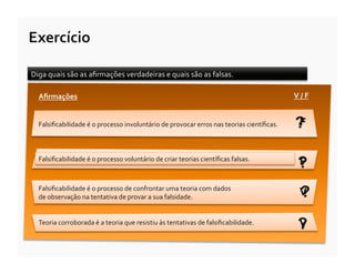 Exercício	
  

Diga	
  quais	
  são	
  as	
  aﬁrmações	
  verdadeiras	
  e	
  quais	
  são	
  as	
  falsas.	
  

   Aﬁrmações	
                                                                                                                  V	
  /	
  F	
  


   Falsiﬁcabilidade	
  é	
  o	
  processo	
  involuntário	
  de	
  provocar	
  erros	
  nas	
  teorias	
  cientíﬁcas.	
  	
      ?
                                                                                                                                 F


   Falsiﬁcabilidade	
  é	
  o	
  processo	
  voluntário	
  de	
  criar	
  teorias	
  cientíﬁcas	
  falsas.	
  	
  
                                                                                                                                   ?
                                                                                                                                   F

   Falsiﬁcabilidade	
  é	
  o	
  processo	
  de	
  confrontar	
  uma	
  teoria	
  com	
  dados	
  
   de	
  observação	
  na	
  tentativa	
  de	
  provar	
  a	
  sua	
  falsidade.	
                                                   ?
                                                                                                                                     V

   Teoria	
  corroborada	
  é	
  a	
  teoria	
  que	
  resistiu	
  às	
  tentativas	
  de	
  falsiﬁcabilidade.	
  
                                                                                                                                   ?
                                                                                                                                   V
 