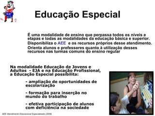 Educação Especial É uma modalidade de ensino que perpassa todos os níveis e etapas e todas as modalidades da educação básica e superior. Disponibiliza o  AEE   e os recursos próprios desse atendimento. Orienta alunos e professores quanto à utilização desses recursos nas turmas comuns do ensino regular AEE Atendimento Educacional Especializado (2008) Na modalidade Educação de Jovens e Adultos  - EJA e na Educação Profissional, a Educação Especial possibilita:  - ampliação de oportunidades de  escolarização - formação para inserção no  mundo do trabalho  - efetiva participação de alunos  com deficiência na sociedade 