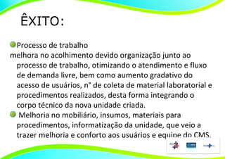 ÊXITO:
 Processo de trabalho
melhora no acolhimento devido organização junto ao
 processo de trabalho, otimizando o atendimento e fluxo
 de demanda livre, bem como aumento gradativo do
 acesso de usuários, n° de coleta de material laboratorial e
 procedimentos realizados, desta forma integrando o
 corpo técnico da nova unidade criada.
  Melhoria no mobiliário, insumos, materiais para
 procedimentos, informatização da unidade, que veio a
 trazer melhoria e conforto aos usuários e equipe do CMS.
 
