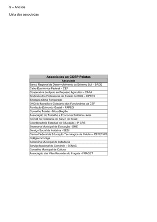9 – Anexos
Lista das associadas
Associadas ao COEP Pelotas
Associada
Banco Regional de Desenvolvimento do Extremo Sul – BRDE
Caixa Econômica Federal – CEF
Cooperativa de Apoio ao Pequeno Agricultor – CAPA
Sindicato dos Professores do Estado do RGS – CPERS
Embrapa Clima Temperado
ONG da Moradia e Cidadania dos Funcionários da CEF
Fundação Edmundo Gastal – FAPEG
Conselho Tutelar - Micro Região
Associação do Trabalho e Economia Solidária - Ates
Comitê de Cidadania do Banco do Brasil
Coordenadoria Estadual de Educação - 5ª CRE
Secretaria Municipal de Educação - SME
Serviço Social da Indústria - SESI
Centro Federal de Educação Tecnológica de Pelotas - CEFET-RS
Colégio Gonzaga
Secretaria Municipal de Cidadania
Serviço Nacional do Comércio - SENAC
Conselho Municipal de Cultura
Associação das Vilas Reunidas do Fragata - FRAGET
 