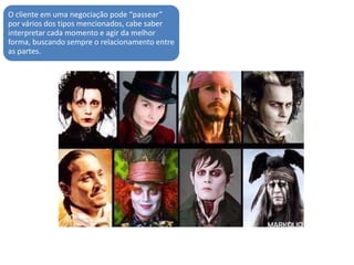 O cliente em uma negociação pode “passear”
por vários dos tipos mencionados, cabe saber
interpretar cada momento e agir da melhor
forma, buscando sempre o relacionamento entre
as partes.
 