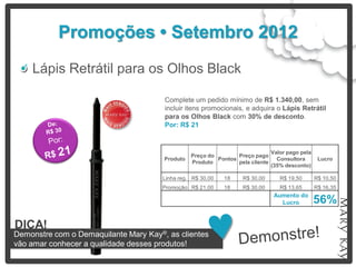 Promoções • Setembro 2012
    Lápis Retrátil para os Olhos Black

                                       Complete um pedido mínimo de R$ 1.340,00, sem
                                       incluir itens promocionais, e adquira o Lápis Retrátil
                                       para os Olhos Black com 30% de desconto.
                                       Por: R$ 21


                                                                                Valor pago pela
                                                 Preço do        Preço pago
                                       Produto            Pontos                  Consultora       Lucro
                                                 Produto         pela cliente
                                                                                (35% desconto)

                                      Linha reg. R$ 30,00   18     R$ 30,00        R$ 19,50       R$ 10,50
                                      Promoção R$ 21,00     18     R$ 30,00        R$ 13,65       R$ 16,35
                                                                                 Aumento do
                                                                                   Lucro          56%

DICA!
Demonstre com o Demaquilante Mary Kay®, as clientes
vão amar conhecer a qualidade desses produtos!
 