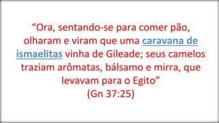 “Ora, sentando-se para comer pão,
olharam e viram que uma caravana de
ismaelitas vinha de Gileade; seus camelos
traziam arômatas, bálsamo e mirra, que
levavam para o Egito”
(Gn 37:25)
 