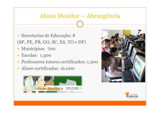 Aluno Monitor – Abrangência


  Secretarias de Educação: 8
(SP, PE, PB, GO, SC, ES, TO e DF)
  Municípios: 700
  Escolas: 1.300
  Professores tutores certificados: 1.500
  Aluno certificados: 16.000
 