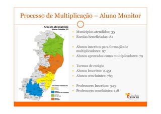 Processo de Multiplicação – Aluno Monitor

                   Municípios atendidos: 35
                   Escolas beneficiadas: 81

                   Alunos inscritos para formação de
                   multiplicadores: 97
                   Alunos aprovados como multiplicadores: 79

                   Turmas de estágio
                   Alunos Inscritos: 2.451
                   Alunos concluintes: 763

                   Professores Inscritos: 343
                   Professores concluintes: 118
 