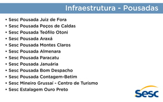 Infraestrutura - Pousadas
•	Sesc
•	Sesc
•	Sesc
•	Sesc
•	Sesc
•	Sesc
•	Sesc
•	Sesc
•	Sesc
•	Sesc
•	Sesc
•	Sesc

Pousada Juiz de Fora
Pousada Poços de Caldas
Pousada Teófilo Otoni
Pousada Araxá
Pousada Montes Claros
Pousada Almenara
Pousada Paracatu
Pousada Januária
Pousada Bom Despacho
Pousada Contagem-Betim
Mineiro Grussaí - Centro de Turismo
Estalagem Ouro Preto

 