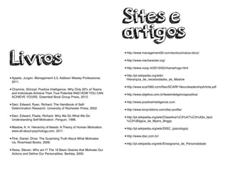 Livros
•Appelo, Jurgen. Management 3.0, Addison Wesley Professional,
2011.
•Chamine, Shirzad. Positive Intelligence: Why Only 20% of Teams
and Individuals Achieve Their True Potential AND HOW YOU CAN
ACHIEVE YOURS. Greenleaf Book Group Press, 2012.
•Deci, Edward; Ryan, Richard. The Handbook of Self-
Determination Research. University of Rochester Press, 2002.
•Deci, Edward; Flaste, Richard. Why We Do What We Do:
Understanding Self-Motivation. Penguin, 1996.
•Maslow, A. H. Hierarchy of Needs: A Theory of Human Motivation.
www.all-about-psychology.com, 2011.
•Pink, Daniel. Drive: The Surprising Truth About What Motivates
Us, Riverhead Books, 2009.
•Reiss, Steven. Who am I? The 16 Basic Desires that Motivate Our
Actions and Deﬁne Our Personalities. Berkley, 2000.
Sites e
artigos
•http://www.management30.com/workout/value-story/
•http://www.viacharacter.org/
•http://www.noop.nl/2013/02/champfrogs.html
•http://pt.wikipedia.org/wiki/
Hierarquia_de_necessidades_de_Maslow
•http://www.scarf360.com/ﬁles/SCARF-NeuroleadershipArticle.pdf
•http://www.objetiva.com.br/testeinteligenciapositiva/
•http://www.positiveInteiligence.com
•http://www.tonyrobbins.com/disc-proﬁle/
•http://pt.wikipedia.org/wiki/Classiﬁca%C3%A7%C3%A3o_tipol
%C3%B3gica_de_Myers_Briggs
•http://pt.wikipedia.org/wiki/DISC_(psicologia)
•http://www.disc.com.br/
•http://pt.wikipedia.org/wiki/Eneagrama_de_Personalidade
 