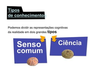 Tipos
de conhecimentos

Podemos dividir as representações cognitivas
da realidade em dois grandes tipos



      Senso                          Ciência
      comum
 