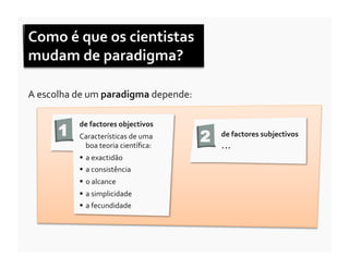 Como	
  é	
  que	
  os	
  cientistas	
  
mudam	
  de	
  paradigma?	
  

A	
  escolha	
  de	
  um	
  paradigma	
  depende:	
  	
  


          1
                 de	
  factores	
  objectivos	
  	
  
                 Características	
  de	
  uma	
  
                  boa	
  teoria	
  cientíﬁca:	
  	
  
                                                            2   de	
  factores	
  subjectivos	
  
                                                                …	
  
                   a	
  exactidão	
  
                   a	
  consistência	
  
                   o	
  alcance	
  
                   a	
  simplicidade	
  
                   a	
  fecundidade	
  
 