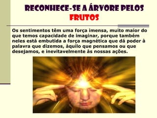 Os sentimentos têm uma força imensa, muito maior do que temos capacidade de imaginar, porque também neles está embutida a força magnética que dá poder à palavra que dizemos, àquilo que pensamos ou que desejamos, e inevitavelmente às nossas ações.   Reconhece-se a árvore pelos  frutos 