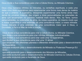 Deus divide a Sua consciência para criar a Célula Divina, ou Mônada Cósmica. Deus criou números infinitos de mônadas, ou centelhas espirituais, e cada uma delas criou doze superalmas para experimentar uma forma mais densa de matéria do que a anterior. A superalma, desejando experimentar uma forma ainda mais densa do universo material, deu origem a doze personalidades ou extensões de alma que encarnaram no universo material mais denso. Nós, na Terra, somos personalidades, ou extensões da alma, da nossa superalma, do mesmo modo que a nossa superalma é uma extensão de uma consciência maior, a nossa mônada. Nossa mônada é uma extensão de uma consciência maior que é Deus, a Divindade, o Pai e a Mãe de toda a criação. Deus divide a Sua consciência para criar a Célula Divina, ou Mônada Cósmica, que divide a sua consciência para criar infinitas Mônadas individualizadas, que dividem a sua consciência para criar cada uma 12 superalmas, que dividem a sua consciência para criar uma 12 almas que encarnam em diferentes planetas e diferentes dimensões para o desenvolvimento da Superalma, que está evoluindo para o desenvolvimento da Mônada ou Poderosa Presença EU SOU, que está evoluindo para o desenvolvimento dos Módulos de Mônadas, que estão evoluindo para o desenvolvimento da Mônada Cósmica ou Células Divinas, que estão evoluindo para a Ascensão de Deus.