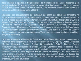 Toda criação é apenas a fragmentação da Consciência de Deus descendo pela escada evolutiva! É apenas a estrutura hierárquica das coisas montada de maneira tal que cada nível tenha, em certo sentido, um professor pessoal para ajudá-lo a percorrer os 352 níveis de volta a DEUS. Enquanto nos concentramos na evolução do nosso eu, Deus se concentra na evolução dos universos. Onde trabalhamos com nós mesmos, com os nossos alunos e com o nosso planeta, para nos tornamos Mestres Espirituais Integrados, DEUS é o Mestre Espiritual Integrado Supremo, encarregado de equilibrar e integrar toda a Criação no interior do seu Supremo Corpo Cósmico! Os Elohins, Os mestres Ascensionados Cósmicos e Planetários, os Arcanjos e Anjos e os Extraterrestres Crísticos são seus agentes atreves do Omniverso para ajudar a criar essa mudança. Neste momento, somos seus agentes na Terra para criar essa mudança (equilibrar, integrar e ascender). Uma vez alcançada a Realização Crística no Nível Planetário (Jesus), começamos a trabalhar para chegarmos a ser Cristos Solares (Hélio), Depois, Cristos Galácticos (Senhor Maitreya). Depois Cristos Universais(Sai Baba)! Depois Cristos Multiuniversais(Melquisedeque)! Depois Cristos Cósmicos! Não é possível pular níveis. Temos que servir em cada nível, dominá-lo e integrá-lo antes que nos seja permitido passar ao nível seguinte. Há 352 níveis de iniciação, de Corpo luminoso para ancorar e integrar, níveis de consciência para dominar. Cada um desses 352 níveis está ligado a um sistema de chakras (“estruturas”/formas) que deve ser ancorado, ativado e atualizado