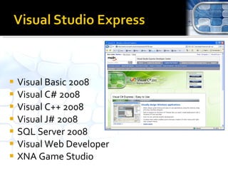 Visual Basic 2008 Visual C# 2008 Visual C++ 2008 Visual J# 2008 SQL Server 2008 Visual Web Developer XNA Game Studio 