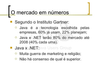 O mercado em números <ul><li>Segundo o Instituto Gartner: </li></ul><ul><ul><li>Java é a tecnologia escolhida pelas empres...
