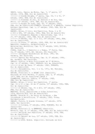 DENIS, Leon, Depois da Morte, Cap. 7, 1ª parte, 11ª
edição, 1978, FEB, Rio de Janeiro-RJ;
------- O Grande Enigma, 1ª parte, Cap. IV, V e VI, 5ª
edição, 1965, FEB, Rio de Janeiro-RJ;
------- O Problema do Ser, do Destino e da Dor, Cap.
XVIII, 11ª edição, 1979, FEB, Rio de Janeiro-RJ;
------- O Porque da Vida, Cap. IV, 5ª edição, 1965,
FEB, Rio de Janeiro-RJ;?FRANCO, Divaldo P. e ANGELIS, Joanna (Espírito),
Estudos Espíritas, Cap. 1, 2ª edição, 1982, FEB, Rio de
Janeiro-RJ;
KARDEC, Allan, O Livro dos Espíritos, Perg. 1 a 36
e 614 a 648, 53ª edição, 1981, FEB, Rio de Janeiro-RJ;
------- O Evangelho Segundo o Espiritismo, Cap. 19 e
27, 87ª edição, 1983, FEB, Rio de Janeiro-RJ;
------- A Gênese, Cap. II e III, 24ª edição, 1982, FEB,
Rio de Janeiro-RJ;
------- A Prece, 7ª edição, 1943, FEB, Rio de Janeiro-RJ;
MARIOTTI, Humberto, Parapsicologia e
Materialismo Histórico, Cap. V, 2ª edição, 1983, EDICEL,
São Paulo-SP;
PIRES, José H., O Espírito e o Tempo, 1ª Parte, Cap.
II, 2ª edição, 1977, Ed. Edicel, São Paulo-SP;
------- Concepção Existencial de Deus, 1981, Ed.
Paidéia, São Paulo-SP;
------- Agonia das Religiões, Cap. V, 2ª edição, 1984,
Ed. Paidéia, São Paulo-SP;
UBALDI, Pietro, A Nova Civilização do 3º Milênio,
Cap. X, 2ª edição, 1982, FUNDAPU, Rio de Janeiro-RJ;
------- A Lei de Deus, 2ª edição, 1982, FUNDAPU,
Rio de Janeiro-RJ;
------- Pensamentos, Vol. I e II, 1971, Ed. Monismo,
Rio de Janeiro-RJ;
XAVIER, Francisco C. e ANDRÉ LUIZ (Espírito),
Evolução em Dois Mundos, 1ª parte, Cap. I, 4ª edição,
1977, FEB, Rio de Janeiro-RJ.?AULA 3
FLAMARION, Camille, Urânia, 6ª edição, 1990,
FEB, Rio de Janeiro-RJ;
KARDEC, Allan, O Livro dos Espíritos, 1ª parte,
Cap. II e IV e Cap. XI da 2ª parte, 53ª edição, 1981, FEB,
Rio de Janeiro-RJ;
------- A Gênese, Cap. VI e XII, 24ª edição, 1982,
FEB, Rio de Janeiro-RJ;
MARTINS, Celso, Espiritismo e Vidas Sucessivas,
1976, Editora ECO, Rio de Janeiro-RJ;
MOURÃO, Ronaldo R., Da Terra às Galáxias - Uma
Introdução a Astrofísica, 3ª edição, 1982, Vozes,
Petrópolis-RJ;
UBALDI, Pietro, A Grande Síntese, 11ª edição, 1979,
LAKE, São Paulo-SP;
------- O Sistema, 2ª edição, 1984, FUNDAPU, Rio de
Janeiro-RJ;
XAVIER, Francisco C. e EMMANUEL (Espírito),
Roteiro, Cap. 9, 2ª edição, 1958, FEB, Rio de Janeiro-RJ;
------- Religião dos Espíritos, 3ª edição, 1974, FEB,
Rio de Janeiro-RJ;
------- A Caminho da Luz, 10ª edição, 1980, FEB, Rio
de Janeiro-RJ;
------- e LUIZ, André, (Espírito), Evolução em Dois
 