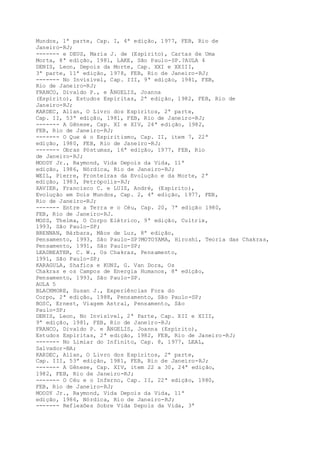 Mundos, 1ª parte, Cap. I, 4ª edição, 1977, FEB, Rio de
Janeiro-RJ;
------- e DEUS, Maria J. de (Espírito), Cartas de Uma
Morta, 8ª edição, 1981, LAKE, São Paulo-SP.?AULA 4
DENIS, Leon, Depois da Morte, Cap. XXI e XXIII,
3ª parte, 11ª edição, 1978, FEB, Rio de Janeiro-RJ;
------- No Invisível, Cap. III, 9ª edição, 1981, FEB,
Rio de Janeiro-RJ;
FRANCO, Divaldo P., e ÂNGELIS, Joanna
(Espírito), Estudos Espíritas, 2ª edição, 1982, FEB, Rio de
Janeiro-RJ;
KARDEC, Allan, O Livro dos Espíritos, 2ª parte,
Cap. II, 53ª edição, 1981, FEB, Rio de Janeiro-RJ;
------- A Gênese, Cap. XI e XIV, 24ª edição, 1982,
FEB, Rio de Janeiro-RJ;
------- O Que é o Espiritismo, Cap. II, item 7, 22ª
edição, 1980, FEB, Rio de Janeiro-RJ;
------- Obras Póstumas, 16ª edição, 1977, FEB, Rio
de Janeiro-RJ;
MOODY Jr., Raymond, Vida Depois da Vida, 11ª
edição, 1986, Nórdica, Rio de Janeiro-RJ;
WEIL, Pierre, Fronteiras da Evolução e da Morte, 2ª
edição, 1983, Petrópolis-RJ;
XAVIER, Francisco C. e LUIZ, André, (Espírito),
Evolução em Dois Mundos, Cap. 2, 4ª edição, 1977, FEB,
Rio de Janeiro-RJ;
------- Entre a Terra e o Céu, Cap. 20, 7ª edição 1980,
FEB, Rio de Janeiro-RJ.
MOSS, Thelma, O Corpo Elétrico, 9ª edição, Cultrix,
1993, São Paulo-SP;
BRENNAN, Bárbara, Mãos de Luz, 8ª edição,
Pensamento, 1993, São Paulo-SP?MOTOYAMA, Hiroshi, Teoria das Chakras,
Pensamento, 1991, São Paulo-SP;
LEADBEATER, C. W., Os Chakras, Pensamento,
1991, São Paulo-SP;
KARAGULA, Shafica e KUNZ, G. Van Dora, Os
Chakras e os Campos de Energia Humanos, 8ª edição,
Pensamento, 1993, São Paulo-SP.
AULA 5
BLACKMORE, Susan J., Experiências Fora do
Corpo, 2ª edição, 1988, Pensamento, São Paulo-SP;
BOSC, Ernest, Viagem Astral, Pensamento, São
Paulo-SP;
DENIS, Leon, No Invisível, 2ª Parte, Cap. XII e XIII,
9ª edição, 1981, FEB, Rio de Janeiro-RJ;
FRANCO, Divaldo P. e ÂNGELIS, Joanna (Espírito),
Estudos Espíritas, 2ª edição, 1982, FEB, Rio de Janeiro-RJ;
------- No Limiar do Infinito, Cap. 8, 1977, LEAL,
Salvador-BA;
KARDEC, Allan, O Livro dos Espíritos, 2ª parte,
Cap. III, 53ª edição, 1981, FEB, Rio de Janeiro-RJ;
------- A Gênese, Cap. XIV, item 22 a 30, 24ª edição,
1982, FEB, Rio de Janeiro-RJ;
------- O Céu e o Inferno, Cap. II, 22ª edição, 1980,
FEB, Rio de Janeiro-RJ;
MOODY Jr., Raymond, Vida Depois da Vida, 11ª
edição, 1986, Nórdica, Rio de Janeiro-RJ;
------- Reflexões Sobre Vida Depois da Vida, 3ª
 