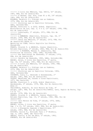 ------- O Livro dos Médiuns, Cap. XXIII, 52ª edição,
1985, FEB, Rio de Janeiro-RJ;
------- A Gênese, Cap. XIV, item 45 a 49, 24ª edição,
1982, FEB, Rio de Janeiro-RJ;
MIRANDA, Hermínio C., Diálogo com as Sombras,
1979, FEB, Rio de Janeiro-RJ;
------- Histórias que os Espíritos Contaram, 1980,
LEAL, Salvador-BA;
XAVIER, Francisco C. e LUIZ, André, (Espírito),
Missionários da Luz, Cap. 3, 4 e 5, 13ª edição, 1980, FEB,
Rio de Janeiro-RJ;
------- Libertação, 5ª edição, 1971, FEB, Rio de
Janeiro-RJ;
------- e EMMANUEL (Espírito), Roteiro, Cap. 28, 2ª
edição, 1958, FEB, Rio de Janeiro-RJ;
------- Seara dos Médiuns, 2ª edição, 1973, FEB, Rio
de Janeiro-RJ.?AULA 13
Apostilas do COEM, Centro Espírita Luz Eterna,
Paraná-PR;
FRANCO, Divaldo P. e ANGELIS, Joanna (Espírito),
Estudos Espíritas, 2ª edição, 1982, FEB, Rio de Janeiro-RJ;
--------- e MIRANDA, Manoel P. (Espírito), Nas
Fronteiras da Loucura, 1982, LEAL, Salvador-BA;
------- Nos Bastidores da Obsessão, 2ª edição, 1976,
FEB, Rio de Janeiro-RJ;
------- Painéis da Obsessão, 1983, LEAL, Salvador-BA;
KARDEC, Allan, O Livro dos Espíritos, 2ª parte,
Cap. IX, 53ª edição, 1981, FEB, Rio de Janeiro-RJ;
------- O Livro dos Médiuns, 52ª edição, 1985, FEB,
Rio de Janeiro-RJ;
MIRANDA, Hermínio C., Diálogo com as Sombras,
1979, FEB, Rio de Janeiro-RJ;
------- Histórias que os Espíritos Contaram, 1980,
LEAL, Salvador-BA;
SCHUBERT, Suely C., Obsessão e Desobsessão, 2ª
edição, 1981, FEB, Rio de Janeiro-RJ;
TOLEDO, Wenefledo de, Passes e Curas Espirituais,
1977, São Paulo-SP;
XAVIER, Francisco C. e LUIZ, André (Espírito),
Desobsessão, 4ª edição, 1979, FEB, Rio de Janeiro-RJ;
AULA 14
CALLIGARIS, Rodolfo, As Leis Morais da Vida, 4ª
edição, 1987, FEB, Rio de Janeiro-RJ;?DENIS, Leon, Depois da Morte, Cap.
2 e 9, 11ª
edição, 1978, FEB, Rio de Janeiro-RJ;
FRANCO, Divaldo P. e ANGELIS, Joanna (Espírito),
Estudos Espíritas, Cap. 10, 2ª edição, 1982, FEB, Rio de
Janeiro-RJ;
------- Leis Morais da Vida, 2ª edição, 1976, LEAL,
Salvador-BA;
KARDEC, Allan, O Livro dos Espíritos, 3ª parte,
Cap. I e II, 53ª edição, 1981, FEB, Rio de Janeiro-RJ;
------- O Evangelho Segundo o Espiritismo, 87ª
edição, 1983, FEB, Rio de Janeiro-RJ;
RIZZINI, Carlos T., Evolução Para o 3º Milênio,
Cap. 4, 1981, LAKE, São Paulo-SP;
UBALDI, Pietro, A Lei de Deus, 2ª edição, 1982,
FUNDAPU, Rio de Janeiro-RJ;
 