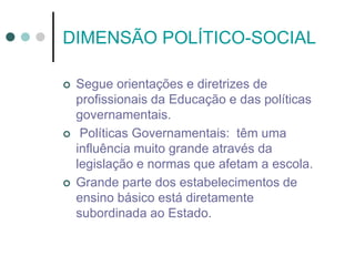 DIMENSÃO POLÍTICO-SOCIAL
 Segue orientações e diretrizes de
profissionais da Educação e das políticas
governamentais.
 Políticas Governamentais: têm uma
influência muito grande através da
legislação e normas que afetam a escola.
 Grande parte dos estabelecimentos de
ensino básico está diretamente
subordinada ao Estado.
 
