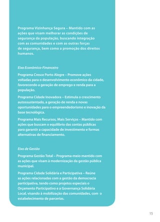 15
Programa Vizinhança Segura – Mantido com as
ações que visam melhorar as condições de
segurança da população, buscando integração
com as comunidades e com as outras forças
de segurança, bem como a promoção dos direitos
humanos.
Eixo Econômico-Financeiro
Programa Cresce Porto Alegre – Promove ações
voltadas para o desenvolvimento econômico da cidade,
favorecendo a geração de emprego e renda para a
população.
Programa Cidade Inovadora – Estimula o crescimento
autossustentado, a geração de renda e novas
oportunidades para o empreendedorismo e inovação da
base tecnológica.
Programa Mais Recursos, Mais Serviços – Mantido com
ações que buscam o equilíbrio das contas públicas
para garantir a capacidade de investimento e formas
alternativas de financiamento.
Eixo de Gestão
Programa Gestão Total – Programa-meio mantido com
as ações que visam à modernização da gestão pública
municipal.
Programa Cidade Solidária e Participativa – Reúne
as ações relacionadas com a gestão da democracia
participativa, tendo como projetos especiais o
Orçamento Participativo e a Governança Solidária
Local, visando à mobilização das comunidades, com  o
estabelecimento de parcerias.
 