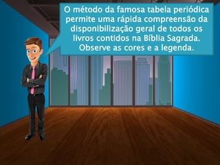O método da famosa tabela periódica
permite uma rápida compreensão da
disponibilização geral de todos os
livros contidos na Bíblia Sagrada.
Observe as cores e a legenda.
 