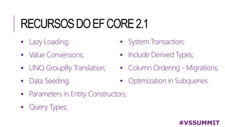 RECURSOSDOEFCORE2.1
#VSSUMMIT
 Lazy Loading;
 Value Conversions;
 LINQ GroupBy Translation;
 Data Seeding;
 Parameters in Entity Constructors;
 Query Types;
 System.Transaction;
 Include Derived Types;
 Column Ordering - Migrations;
 Optimization in Subqueries.
 