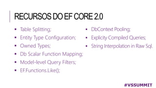 RECURSOSDOEFCORE2.0
#VSSUMMIT
 Table Splitting;
 Entity Type Configuration;
 Owned Types;
 Db Scalar Function Mapping;
 Model-level Query Filters;
 EF.Functions.Like();
 DbContext Pooling;
 Explicity Compiled Queries;
 String Interpolation in Raw Sql.
 