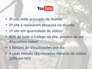 • 3º site mais acessado do mundo
• 2º site a realizarem pesquisa no mundo
• 1º site em quantidade de vídeos
• 40% de todo o tráfego no site, provém de um
  dispositivo móvel
• 3 Bilhões de Visualizações por dia
• A cada minuto são enviados 48horas de vídeos
  (10% em HD)
 