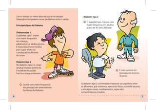 Com o tempo, os níveis altos de açúcar no sangue           Diabetes tipo 2
    (Hiperglicemia) podem causar problemas sérios à saúde.
                                                                  O diabetes tipo 2 ocorre com
    Principais tipos de Diabetes                                  maior frequencia em adultos
                                                                  acima de 45 anos de idade.

    Diabetes tipo 1
    O diabetes tipo 1 ocorre
    com maior frequencia
    em crianças,
    adolescentes e adultos jovens.
    É necessário tomar insulina
    para suprir a falta ou
    a produção insuficiente
    do corpo.


    Diabetes tipo 2
    No diabetes tipo 2 o corpo
    produz insulina, porém ela
    é insuficiente ou não                                                                            É mais comum em
    funciona adequadamente.                                                                          pessoas com excesso
                                                                                                     de peso.



          Ocorre com maior frequencia                        O diabetes tipo 2 é controlado mediante um equilíbrio entre
          em pessoas com antecedentes                        os alimentos que comemos, exercícios físicos, controle de peso
          familiares de diabetes.                            e em alguns casos, medicamentos, sejam eles
                                                             comprimidos ou insulina.
6                                                                                                                             7
 
