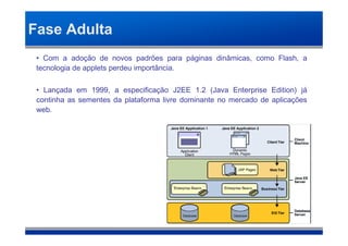 Fase Adulta
 • Com a adoção de novos padrões para páginas dinâmicas, como Flash, a
 tecnologia de applets perdeu importância.

 • Lançada em 1999, a especificação J2EE 1.2 (Java Enterprise Edition) já
 continha as sementes da plataforma livre dominante no mercado de aplicações
 web.
 