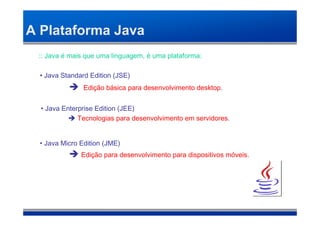 A Plataforma Java
 :: Java é mais que uma linguagem, é uma plataforma:

  • Java Standard Edition (JSE)‫‏‬
                Edição básica para desenvolvimento desktop.


  • Java Enterprise Edition (JEE)‫‏‬
              Tecnologias para desenvolvimento em servidores.


  • Java Micro Edition (JME)
               Edição para desenvolvimento para dispositivos móveis.
 