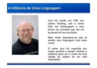 A Infância de Uma Linguagem


                    Java foi criado em 1991 por
                    James Gosling, sob o nome
                    Oak, em homenagem a uma
                    árvore de carvalho que ele via
                    da janela de seu escritório.

                    Mais tarde descobriu-se que já
                    existia uma linguagem com esse
                    nome.

                    O nome java foi sugerido por
                    acaso quando a equipe visitava a
                    cafeteria (java era o nome de uma
                    cidade de origem de um café
                    importado).
 